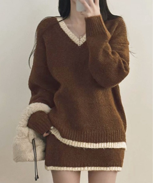kirakiraShop(キラキラショップ)の「配色 ニットトップス&ミニスカート セットアップ(ニット/セーター・レディース・ブラック/ベージュ/ブラウン・FREE)」の13枚目の写真