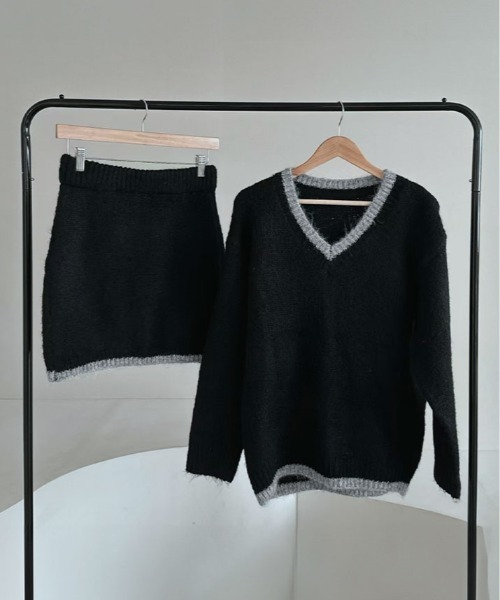 kirakiraShop(キラキラショップ)の「配色 ニットトップス&ミニスカート セットアップ(ニット/セーター・レディース・ブラック/ベージュ/ブラウン・FREE)」の6枚目の写真