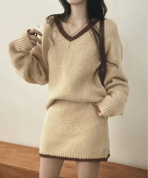 kirakiraShop(キラキラショップ)の「配色 ニットトップス&ミニスカート セットアップ(ニット/セーター・レディース・ブラック/ベージュ/ブラウン・FREE)」の18枚目の写真