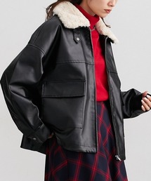 Soiunique（スワユニーク）の「襟２ＷＡＹゆったりサイズフェイクレザーブルゾン（取り外し可能ティペット付き）［Soiunique］（ブルゾン）」