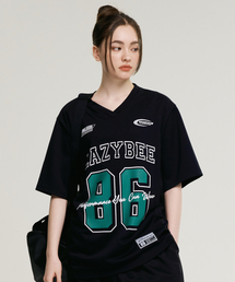LAZYBEE（レイジービー）の「ミックスドメッシュラグビージャージトップスオーバーサイズ半袖W運動服ショートスリーブTシャツブラック（Tシャツ/カットソー）」