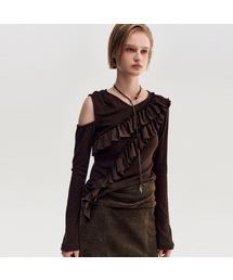 Diagonal Ruffle Jersey Top _ BROWN