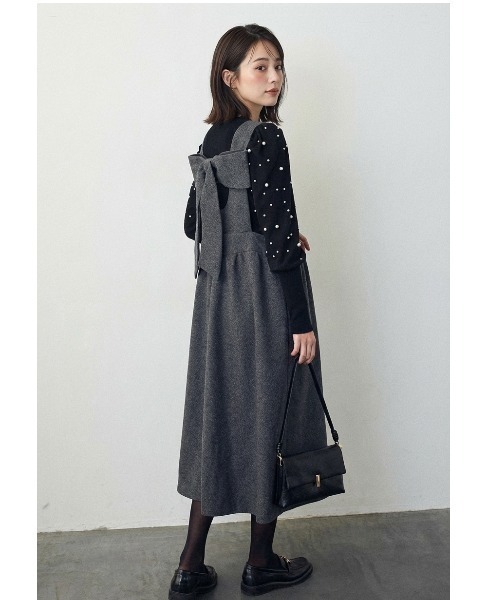 Lateru(ラテル)の「前後2way バックリボンボックスシルエットジャンスカ(サロペット/オーバーオール・レディース・ブラック/グレー・FREE)」の2枚目の写真