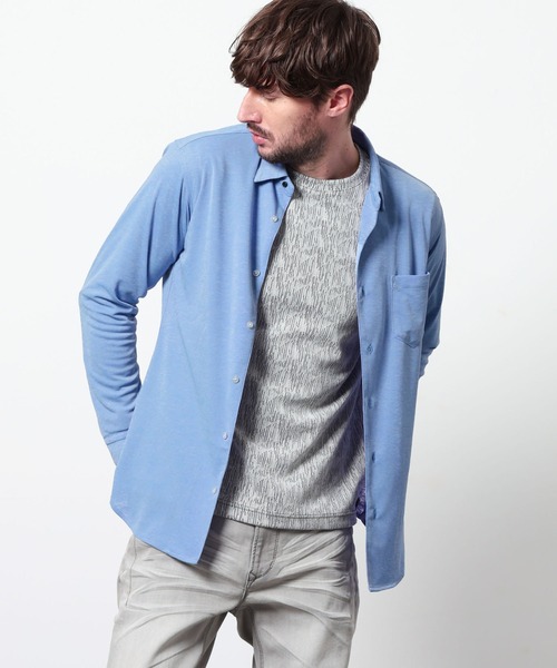 HIDEAWAYS NICOLE（ハイダウェイニコル）の「シャリトロメランジジャージー　ショートレギュラーシャツ（シャツ/ブラウス・メンズ・サックスブルー/ブラック/ネイビー・MEDIUM/X-LARGE/LARGE）」の3枚目の写真