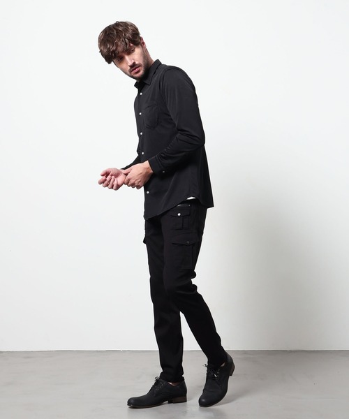 HIDEAWAYS NICOLE（ハイダウェイニコル）の「シャリトロメランジジャージー　ショートレギュラーシャツ（シャツ/ブラウス・メンズ・サックスブルー/ブラック/ネイビー・MEDIUM/X-LARGE/LARGE）」の4枚目の写真