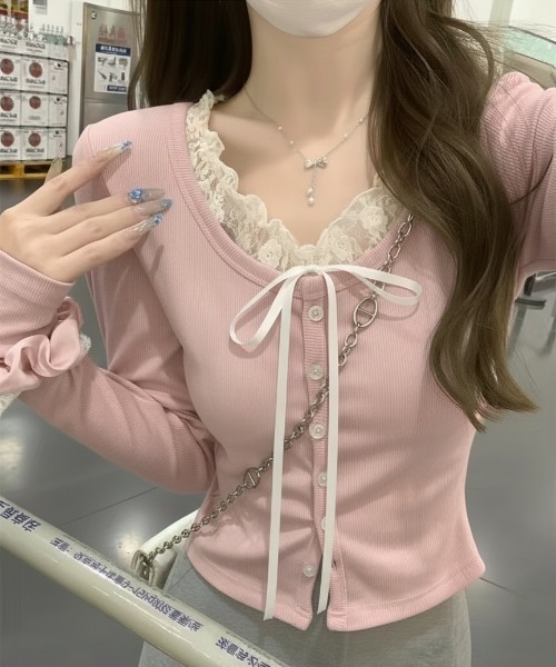 Ada.(エイダ)の「レースリボンレイヤード リブ トップス(Tシャツ/カットソー・レディース・ピンク/グレー/ブルー・FREE)」の7枚目の写真