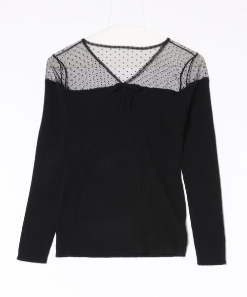 Sibra(シブラ)の「ドットチュール切替 リボンデザイン リブニットトップス(Tシャツ/カットソー・レディース・ホワイト/ブラック/アイボリー/グレー・M)」の1枚目の写真