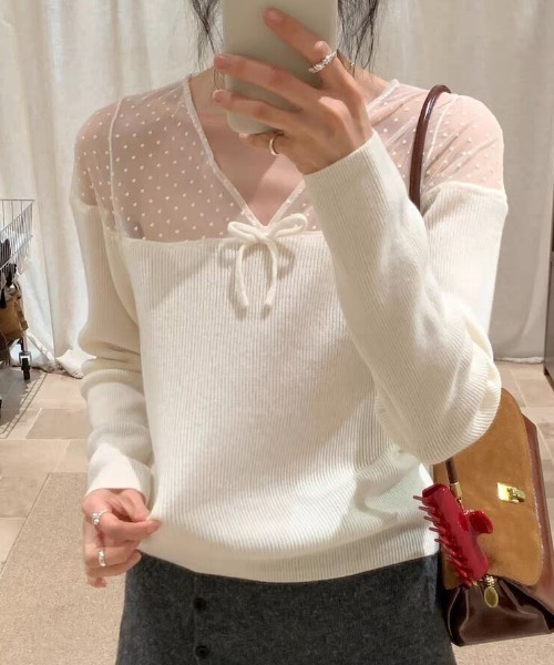 Sibra(シブラ)の「ドットチュール切替 リボンデザイン リブニットトップス(Tシャツ/カットソー・レディース・ホワイト/ブラック/アイボリー/グレー・M)」の6枚目の写真
