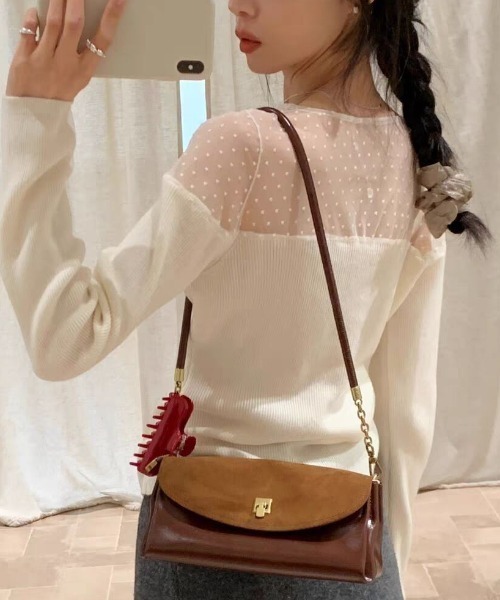 Sibra(シブラ)の「ドットチュール切替 リボンデザイン リブニットトップス(Tシャツ/カットソー・レディース・ホワイト/ブラック/アイボリー/グレー・M)」の7枚目の写真