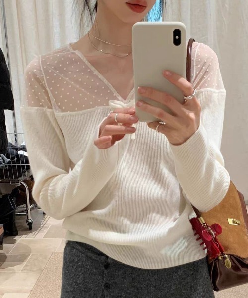 Sibra(シブラ)の「ドットチュール切替 リボンデザイン リブニットトップス(Tシャツ/カットソー・レディース・ホワイト/ブラック/アイボリー/グレー・M)」の8枚目の写真
