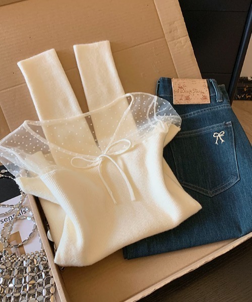 Sibra(シブラ)の「ドットチュール切替 リボンデザイン リブニットトップス(Tシャツ/カットソー・レディース・ホワイト/ブラック/アイボリー/グレー・M)」の16枚目の写真