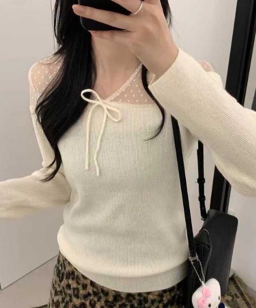 Sibra(シブラ)の「ドットチュール切替 リボンデザイン リブニットトップス(Tシャツ/カットソー・レディース・ホワイト/ブラック/アイボリー/グレー・M)」の5枚目の写真
