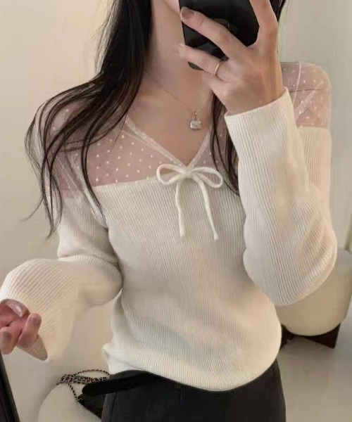 Sibra(シブラ)の「ドットチュール切替 リボンデザイン リブニットトップス(Tシャツ/カットソー・レディース・ホワイト/ブラック/アイボリー/グレー・M)」の19枚目の写真