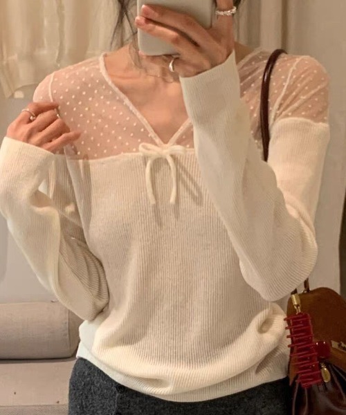 Sibra(シブラ)の「ドットチュール切替 リボンデザイン リブニットトップス(Tシャツ/カットソー・レディース・ホワイト/ブラック/アイボリー/グレー・M)」の20枚目の写真