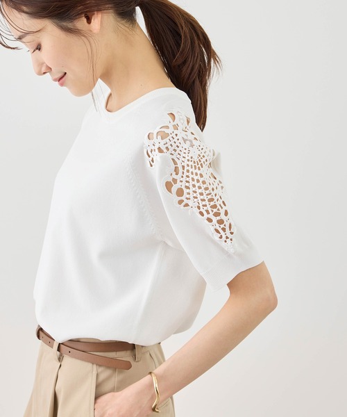 ROPE' PICNIC（ロペピクニック）の「八方映えニット 袖レースニットプルオーバー/UVカット・接触冷感・イージーケア（ニット/セーター・レディース・ネイビー/オフホワイト/サックスブルー/クリーム・FREE）」の2枚目の写真