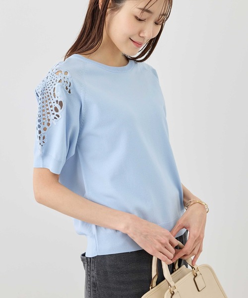 ROPE' PICNIC（ロペピクニック）の「八方映えニット 袖レースニットプルオーバー/UVカット・接触冷感・イージーケア（ニット/セーター・レディース・ネイビー/オフホワイト/サックスブルー/クリーム・FREE）」の4枚目の写真