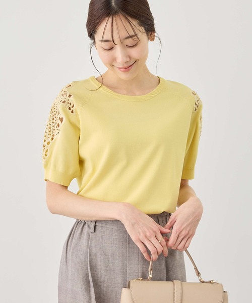 ROPE' PICNIC（ロペピクニック）の「八方映えニット 袖レースニットプルオーバー/UVカット・接触冷感・イージーケア（ニット/セーター・レディース・ネイビー/オフホワイト/サックスブルー/クリーム・FREE）」の3枚目の写真