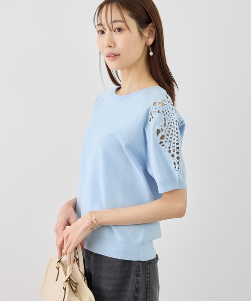 ROPE' PICNIC（ロペピクニック）の「八方映えニット 袖レースニットプルオーバー/UVカット・接触冷感・イージーケア（ニット/セーター・レディース・ネイビー/オフホワイト/サックスブルー/クリーム・FREE）」の22枚目の写真