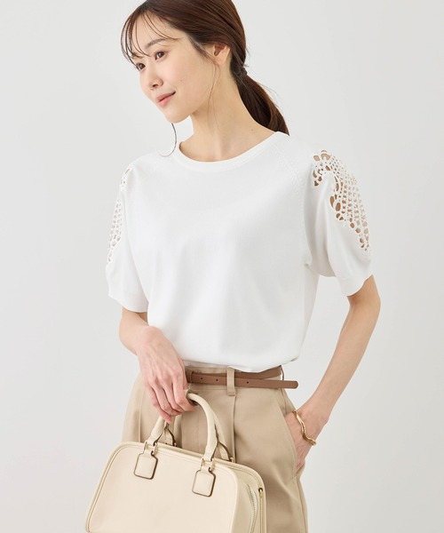 ROPE' PICNIC（ロペピクニック）の「八方映えニット 袖レースニットプルオーバー/UVカット・接触冷感・イージーケア（ニット/セーター・レディース・ネイビー/オフホワイト/サックスブルー/クリーム・FREE）」の8枚目の写真