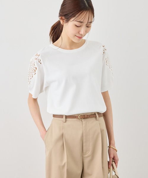 ROPE' PICNIC（ロペピクニック）の「八方映えニット 袖レースニットプルオーバー/UVカット・接触冷感・イージーケア（ニット/セーター・レディース・ネイビー/オフホワイト/サックスブルー/クリーム・FREE）」の9枚目の写真