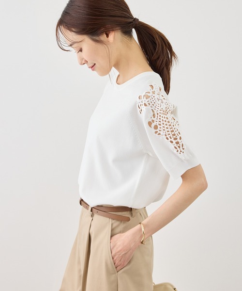 ROPE' PICNIC（ロペピクニック）の「八方映えニット 袖レースニットプルオーバー/UVカット・接触冷感・イージーケア（ニット/セーター・レディース・ネイビー/オフホワイト/サックスブルー/クリーム・FREE）」の10枚目の写真