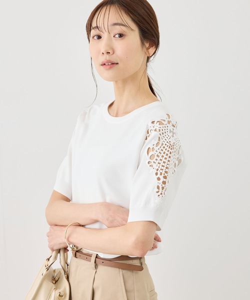 ROPE' PICNIC（ロペピクニック）の「八方映えニット 袖レースニットプルオーバー/UVカット・接触冷感・イージーケア（ニット/セーター・レディース・ネイビー/オフホワイト/サックスブルー/クリーム・FREE）」の11枚目の写真