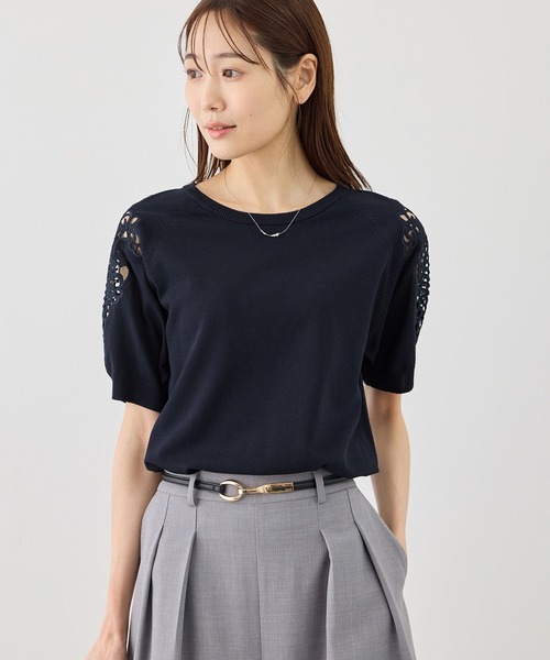 ROPE' PICNIC（ロペピクニック）の「八方映えニット 袖レースニットプルオーバー/UVカット・接触冷感・イージーケア（ニット/セーター・レディース・ネイビー/オフホワイト/サックスブルー/クリーム・FREE）」の15枚目の写真