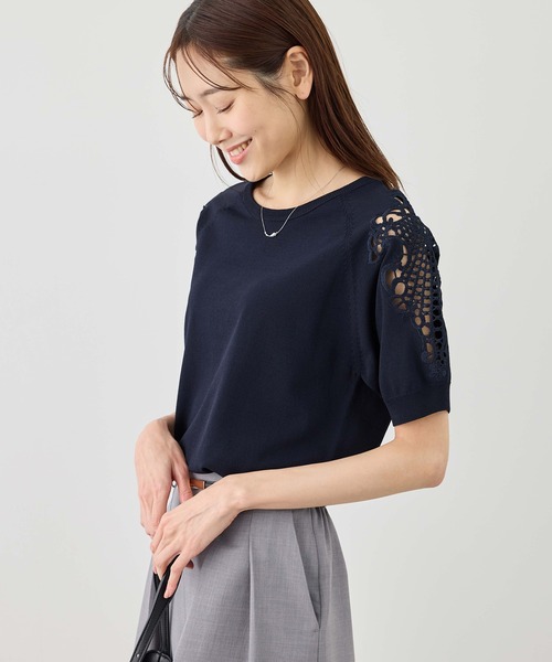 ROPE' PICNIC（ロペピクニック）の「八方映えニット 袖レースニットプルオーバー/UVカット・接触冷感・イージーケア（ニット/セーター・レディース・ネイビー/オフホワイト/サックスブルー/クリーム・FREE）」の16枚目の写真