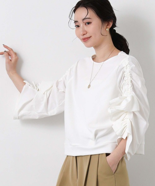 MARECHAL TERRE(マルシャルテル)の「ラッフルギャザー7分袖カットソー(Tシャツ/カットソー・レディース・オフホワイト/ネイビー・FREE)」の1枚目の写真