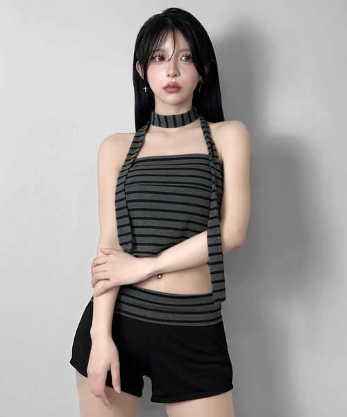 FOLLOWIN(フォロウィン)の「【4点セット】マルチWAYボーダーレイヤードセットアップ(セットアップ・レディース・ブラック・FREE)」の6枚目の写真