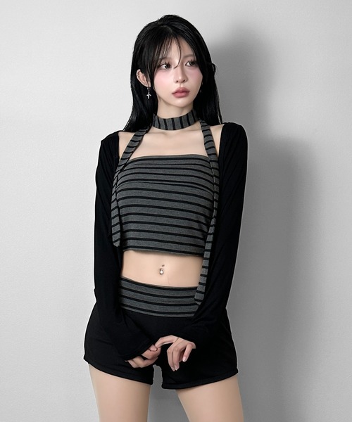 FOLLOWIN(フォロウィン)の「【4点セット】マルチWAYボーダーレイヤードセットアップ(セットアップ・レディース・ブラック・FREE)」の8枚目の写真