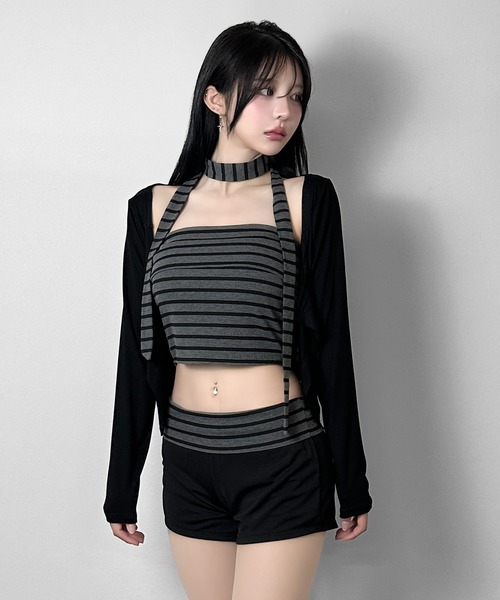 FOLLOWIN(フォロウィン)の「【4点セット】マルチWAYボーダーレイヤードセットアップ(セットアップ・レディース・ブラック・FREE)」の9枚目の写真