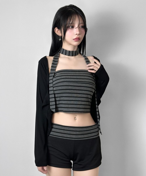 FOLLOWIN(フォロウィン)の「【4点セット】マルチWAYボーダーレイヤードセットアップ(セットアップ・レディース・ブラック・FREE)」の12枚目の写真