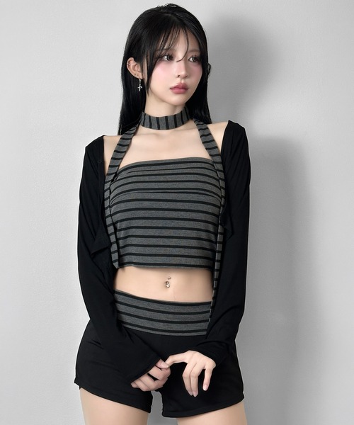 FOLLOWIN(フォロウィン)の「【4点セット】マルチWAYボーダーレイヤードセットアップ(セットアップ・レディース・ブラック・FREE)」の14枚目の写真