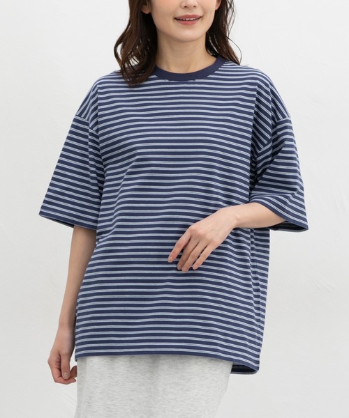Honeys(ハニーズ)の「【UVカット】ボーダーゆるTシャツ(Tシャツ/カットソー・レディース・ネイビー×ホワイト/グリーン系その他/ベージュ系その他・L/LL/M/S)」の1枚目の写真