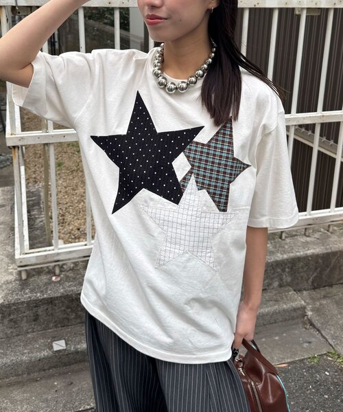 CIAOPANIC（チャオパニック）の「スターパッチワークTee（Tシャツ/カットソー・レディース・チャコールグレー/ネイビー/ホワイト・ONE SIZE）」の8枚目の写真