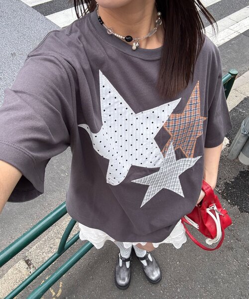 CIAOPANIC（チャオパニック）の「スターパッチワークTee（Tシャツ/カットソー・レディース・チャコールグレー/ネイビー/ホワイト・ONE SIZE）」の12枚目の写真