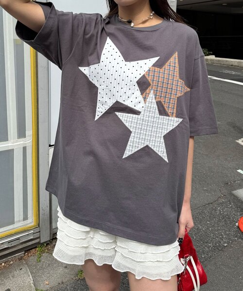 CIAOPANIC（チャオパニック）の「スターパッチワークTee（Tシャツ/カットソー・レディース・チャコールグレー/ネイビー/ホワイト・ONE SIZE）」の13枚目の写真