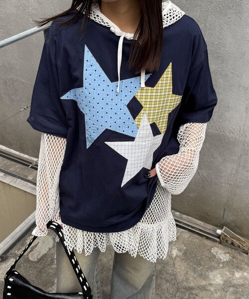 CIAOPANIC（チャオパニック）の「スターパッチワークTee（Tシャツ/カットソー・レディース・チャコールグレー/ネイビー/ホワイト・ONE SIZE）」の19枚目の写真