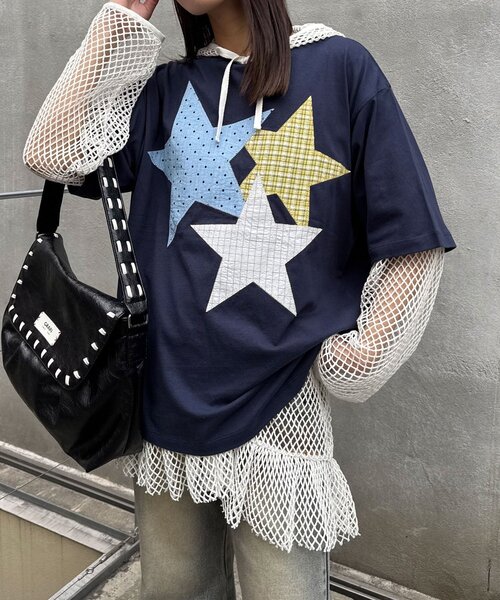 CIAOPANIC（チャオパニック）の「スターパッチワークTee（Tシャツ/カットソー・レディース・チャコールグレー/ネイビー/ホワイト・ONE SIZE）」の20枚目の写真