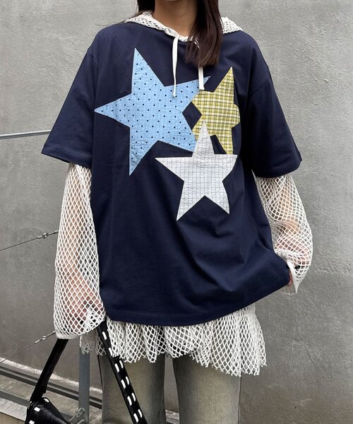 CIAOPANIC（チャオパニック）の「スターパッチワークTee（Tシャツ/カットソー・レディース・チャコールグレー/ネイビー/ホワイト・ONE SIZE）」の21枚目の写真