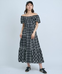 オフショルチェックフレアワンピース