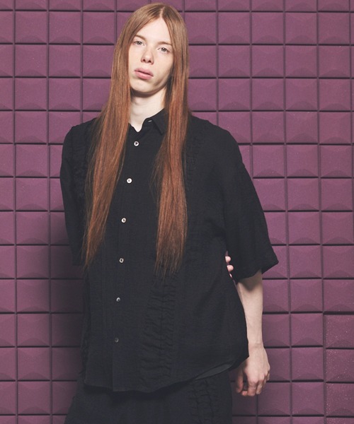 UNISEX》Gathered Ruffle Switching Prime-Over Short Sleeve Shirt