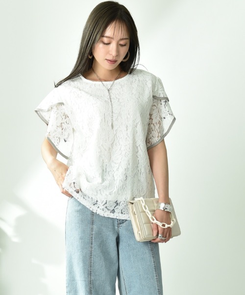 INTERPLANET(インタープラネット)の「コード刺繍レース配色パイピングフリルブラウス(シャツ/ブラウス・レディース・オフホワイト/サックスブルー/ブラック・FREE)」の5枚目の写真