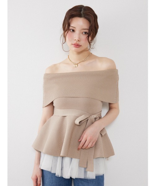rienda(リエンダ)の「チュールレイヤードハーフスリーブニットトップス 春服 夏服(ニット/セーター・レディース・ブラック/ベージュ/ホワイト/ピンク・FREE)」の3枚目の写真