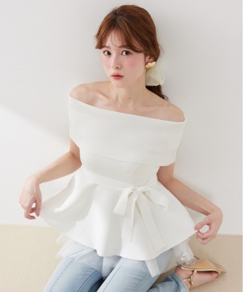 rienda(リエンダ)の「チュールレイヤードハーフスリーブニットトップス 春服 夏服(ニット/セーター・レディース・ブラック/ベージュ/ホワイト/ピンク・FREE)」の1枚目の写真