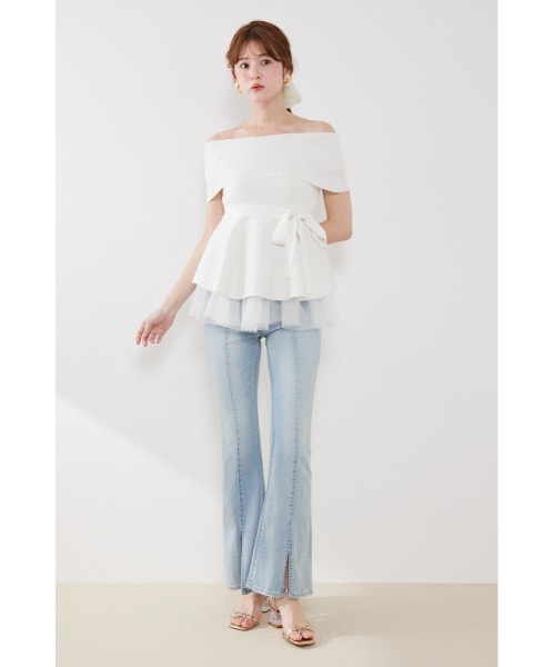 rienda(リエンダ)の「チュールレイヤードハーフスリーブニットトップス 春服 夏服(ニット/セーター・レディース・ブラック/ベージュ/ホワイト/ピンク・FREE)」の5枚目の写真