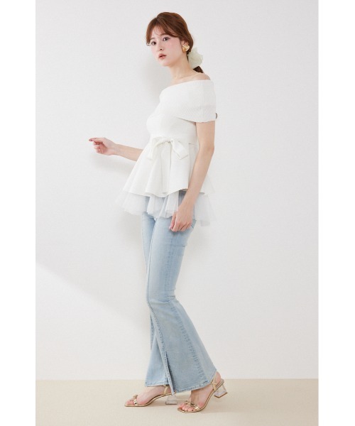 rienda(リエンダ)の「チュールレイヤードハーフスリーブニットトップス 春服 夏服(ニット/セーター・レディース・ブラック/ベージュ/ホワイト/ピンク・FREE)」の6枚目の写真