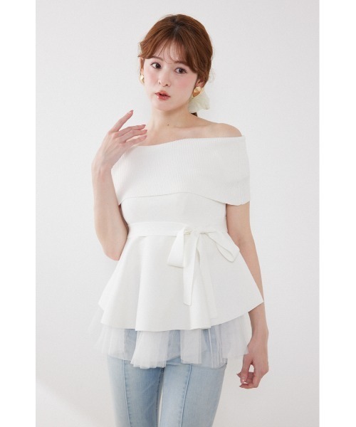 rienda(リエンダ)の「チュールレイヤードハーフスリーブニットトップス 春服 夏服(ニット/セーター・レディース・ブラック/ベージュ/ホワイト/ピンク・FREE)」の7枚目の写真