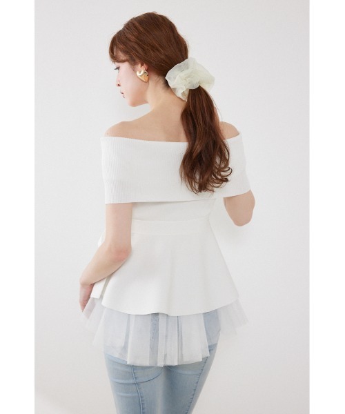 rienda(リエンダ)の「チュールレイヤードハーフスリーブニットトップス 春服 夏服(ニット/セーター・レディース・ブラック/ベージュ/ホワイト/ピンク・FREE)」の9枚目の写真